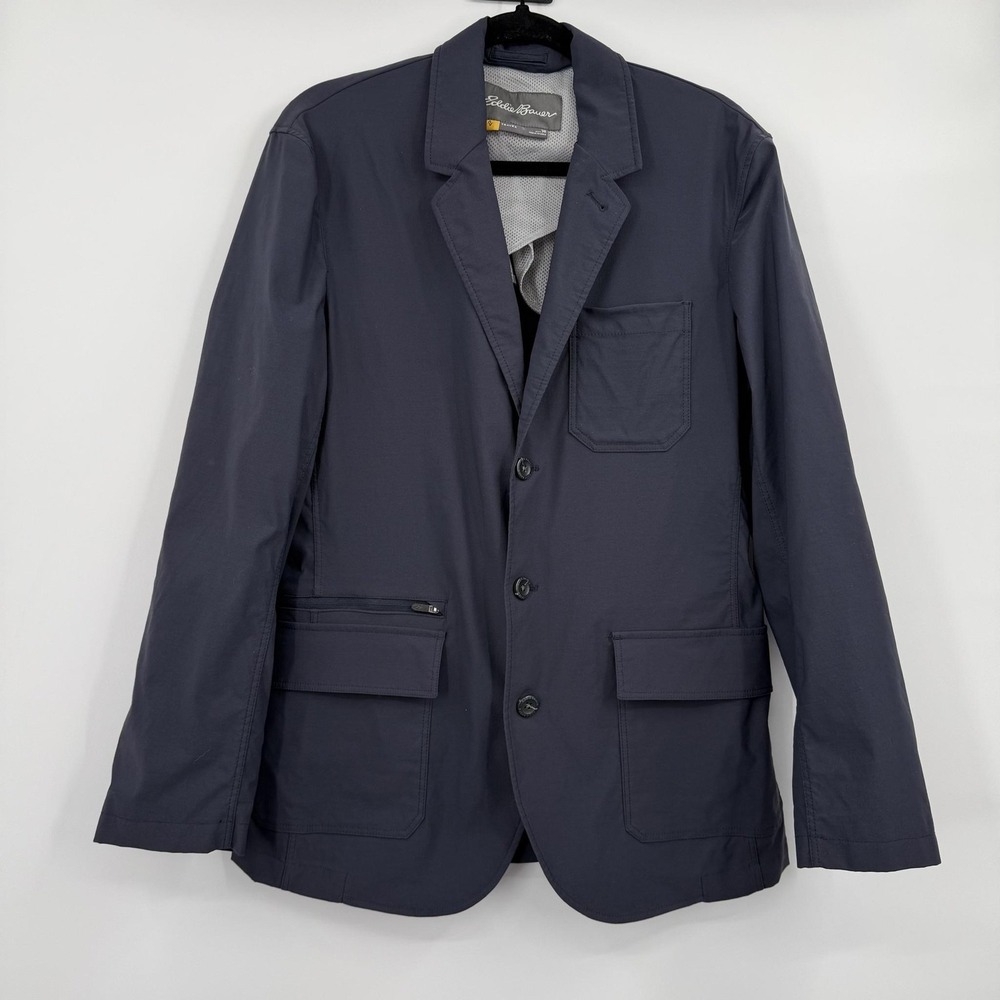 Eddie Bauer Jacket Mens 38 Blue Travex Mid-Length Classic Button Nylon Travel